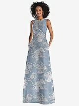 Front View Thumbnail - Porcelain Blue Seraphina Floral Jewel Neck Asymmetrical Shirred Bodice Floral Satin Maxi Dress