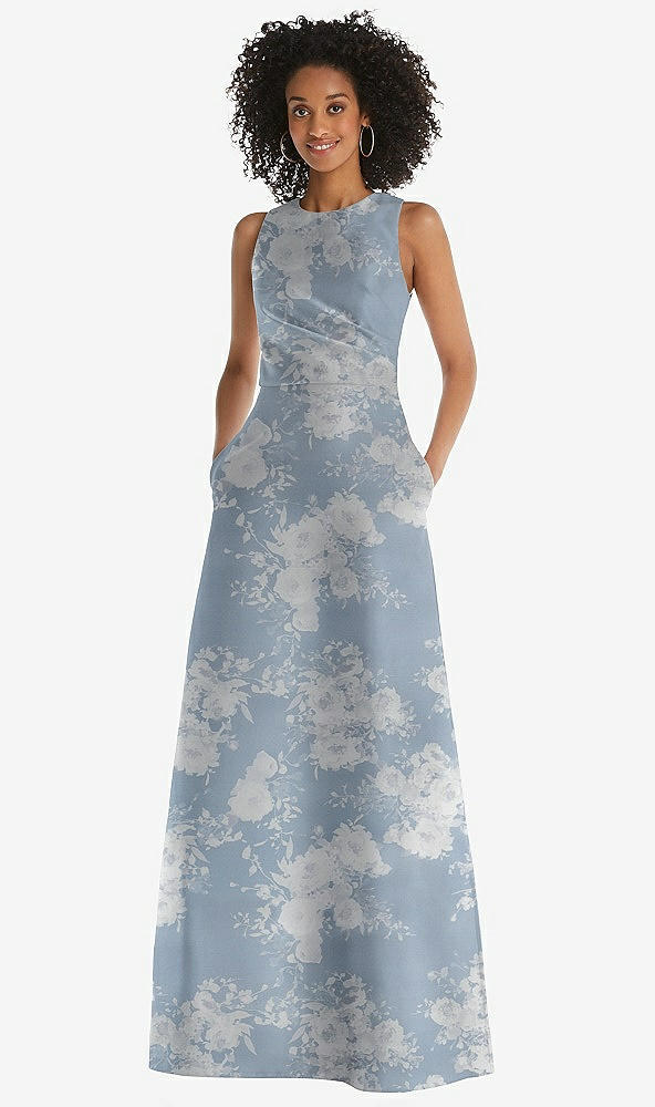 Front View - Porcelain Blue Seraphina Floral Jewel Neck Asymmetrical Shirred Bodice Floral Satin Maxi Dress