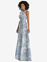 Side View Thumbnail - Porcelain Blue Seraphina Floral Jewel Neck Asymmetrical Shirred Bodice Floral Satin Maxi Dress