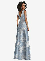 Rear View Thumbnail - Porcelain Blue Seraphina Floral Jewel Neck Asymmetrical Shirred Bodice Floral Satin Maxi Dress