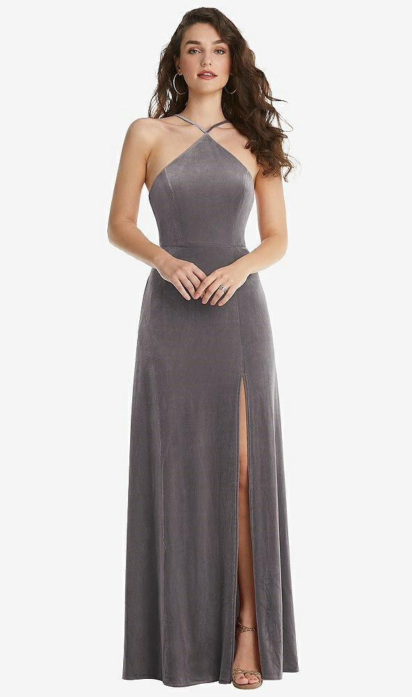 Front View - Caviar Gray High Neck Halter Open-Back Velvet Dress - Alix