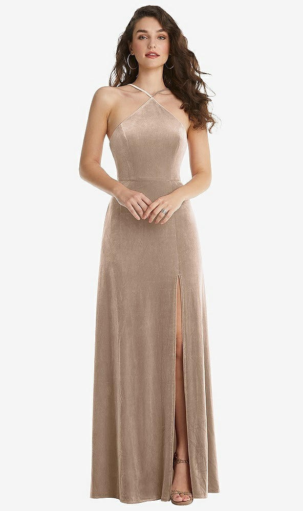 Front View - Topaz High Neck Halter Open-Back Velvet Dress - Alix