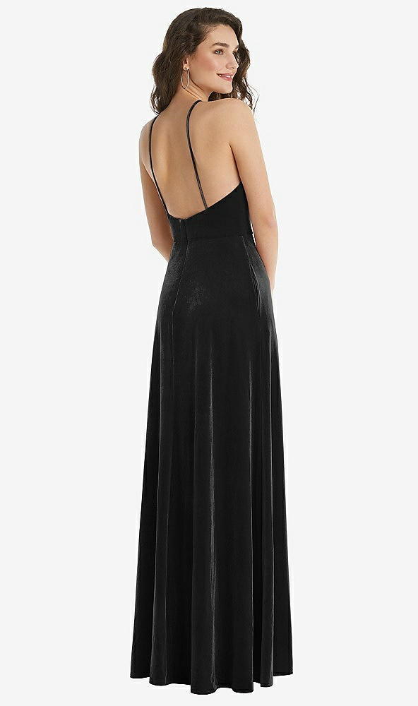 Back View - Black High Neck Halter Open-Back Velvet Dress - Alix