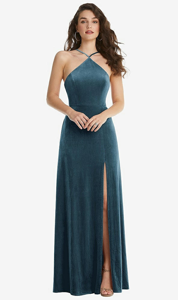 Front View - Dutch Blue High Neck Halter Open-Back Velvet Dress - Alix