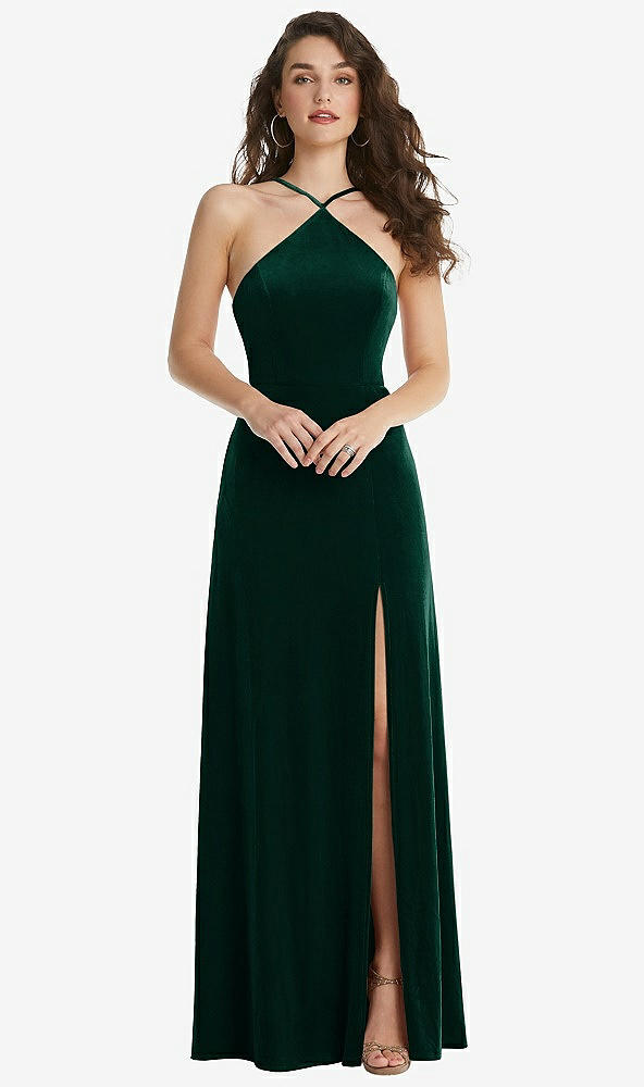 Front View - Evergreen High Neck Halter Open-Back Velvet Dress - Alix