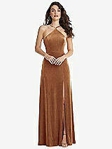 Front View Thumbnail - Golden Almond High Neck Halter Open-Back Velvet Dress - Alix