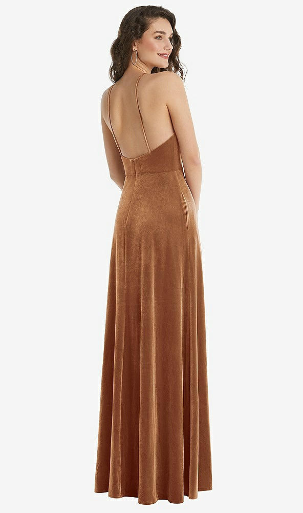 Back View - Golden Almond High Neck Halter Open-Back Velvet Dress - Alix