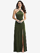 Front View Thumbnail - Olive Green High Neck Halter Open-Back Velvet Dress - Alix