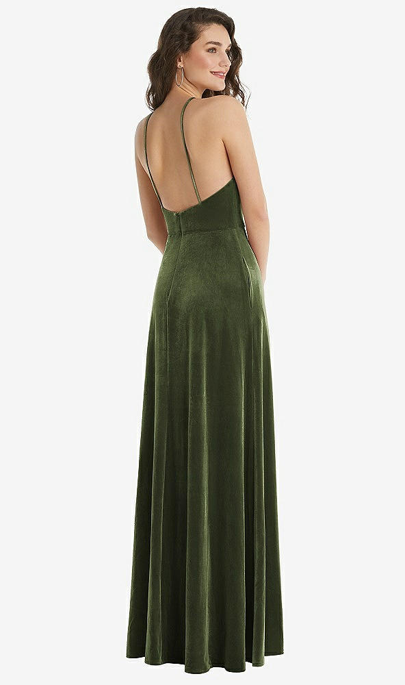 Back View - Olive Green High Neck Halter Open-Back Velvet Dress - Alix