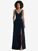 Front View Thumbnail - Midnight Navy Velvet Maxi Dress with Shirred Bodice and Front Slit