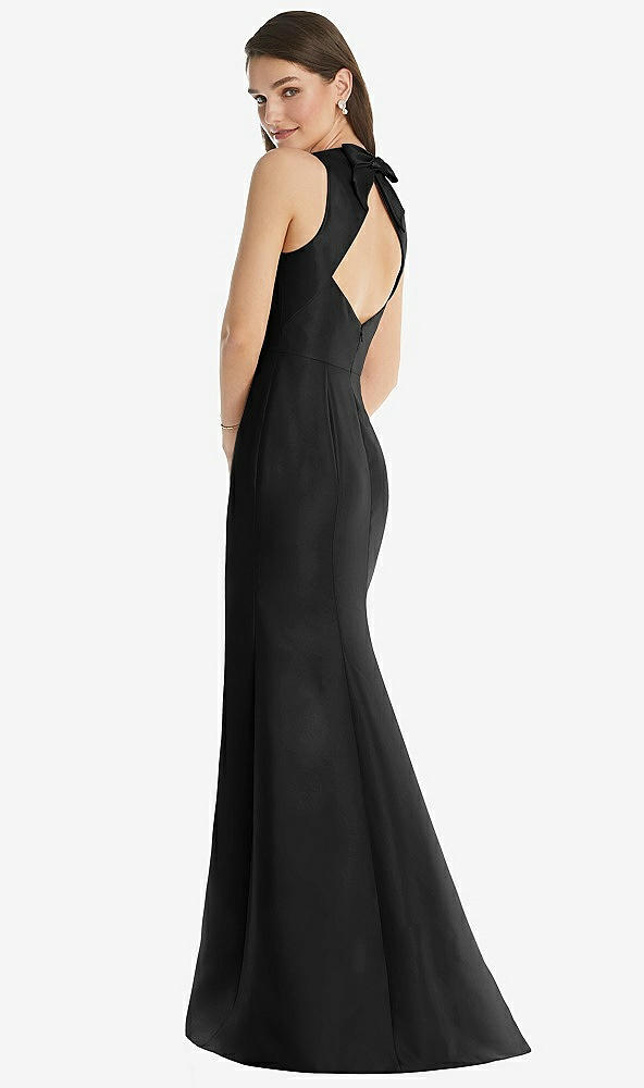 Back View - Black Jewel Neck Bowed Open-Back Trumpet Dress with Front Slit