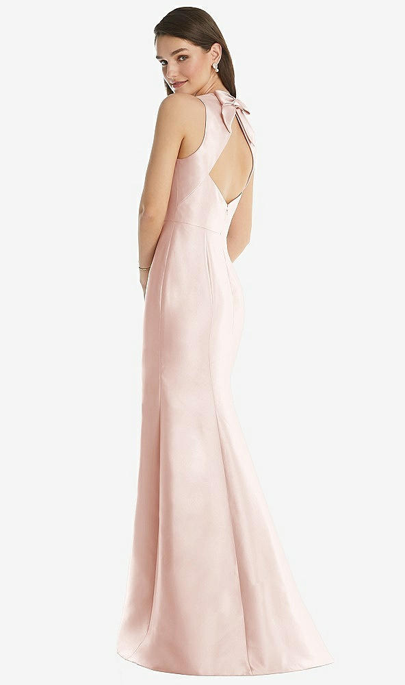 Back View - Blush Jewel Neck Bowed Open-Back Trumpet Dress with Front Slit