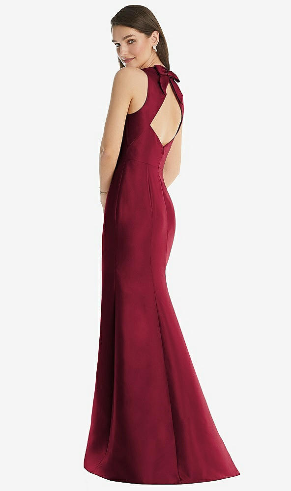 Back View - Burgundy Jewel Neck Bowed Open-Back Trumpet Dress with Front Slit