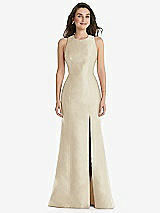 Front View Thumbnail - Champagne Jewel Neck Bowed Open-Back Trumpet Dress with Front Slit