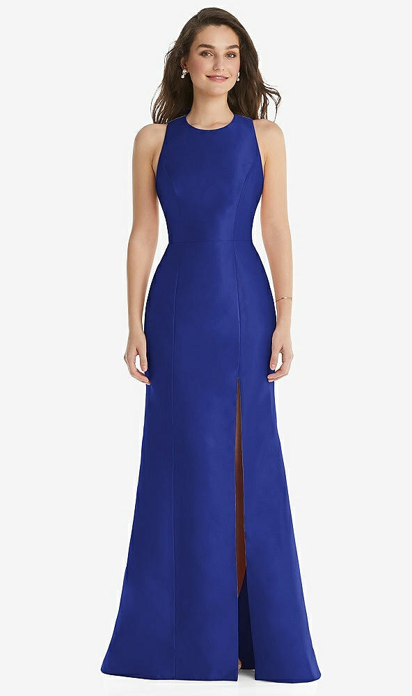 Front View - Cobalt Blue Jewel Neck Bowed Open-Back Trumpet Dress with Front Slit