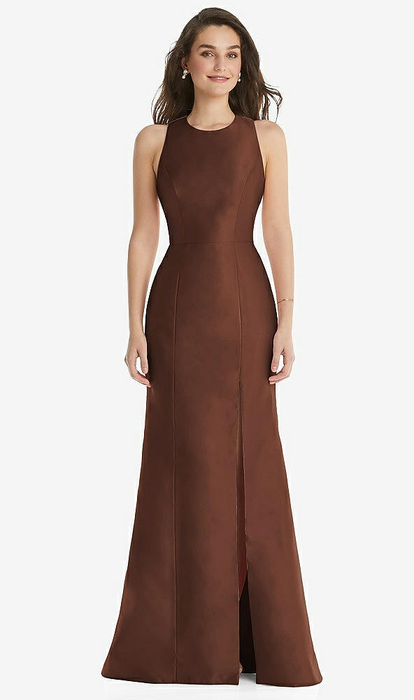 Front View - Cognac Jewel Neck Bowed Open-Back Trumpet Dress with Front Slit