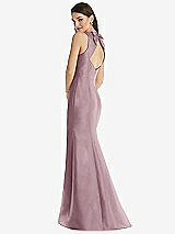 Rear View Thumbnail - Dusty Rose Jewel Neck Bowed Open-Back Trumpet Dress with Front Slit