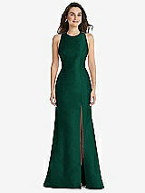 Front View Thumbnail - Hunter Green Jewel Neck Bowed Open-Back Trumpet Dress with Front Slit