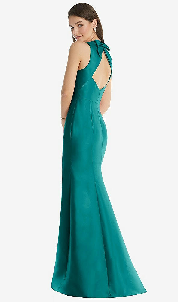 Back View - Jade Jewel Neck Bowed Open-Back Trumpet Dress with Front Slit