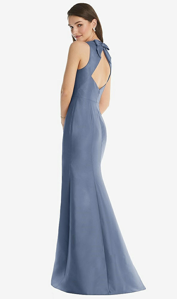 Back View - Larkspur Blue Jewel Neck Bowed Open-Back Trumpet Dress with Front Slit