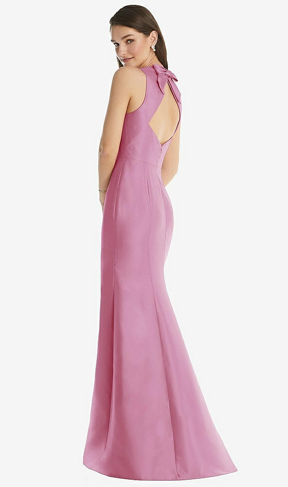 Back View - Powder Pink Jewel Neck Bowed Open-Back Trumpet Dress with Front Slit