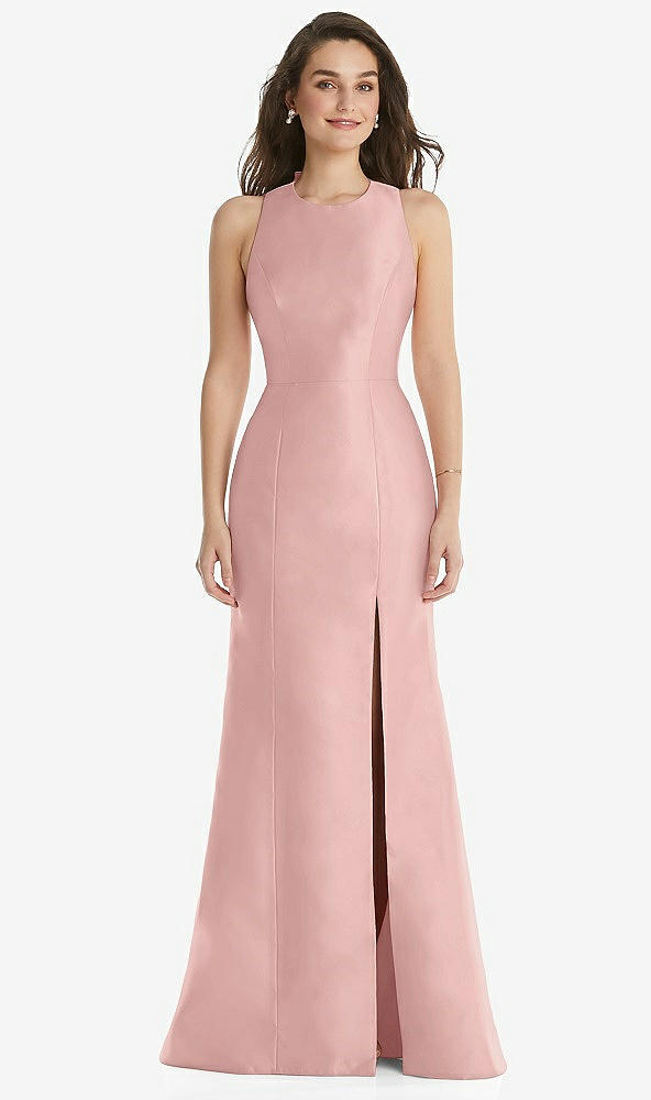 Front View - Rose - PANTONE Rose Quartz Jewel Neck Bowed Open-Back Trumpet Dress with Front Slit