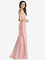 Side View Thumbnail - Rose - PANTONE Rose Quartz Jewel Neck Bowed Open-Back Trumpet Dress with Front Slit