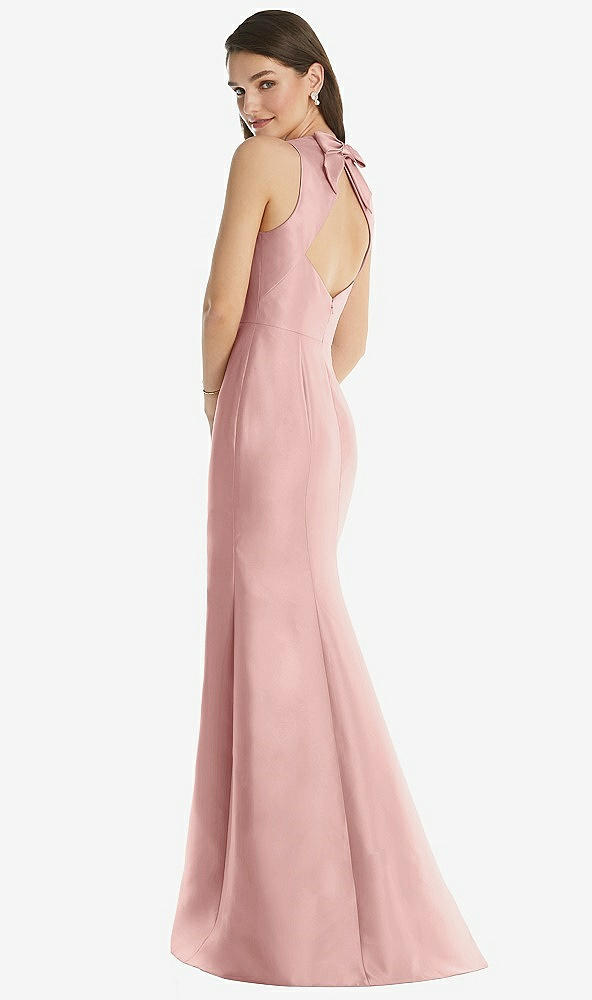 Back View - Rose - PANTONE Rose Quartz Jewel Neck Bowed Open-Back Trumpet Dress with Front Slit