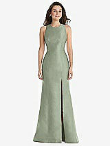 Front View Thumbnail - Sage Jewel Neck Bowed Open-Back Trumpet Dress with Front Slit