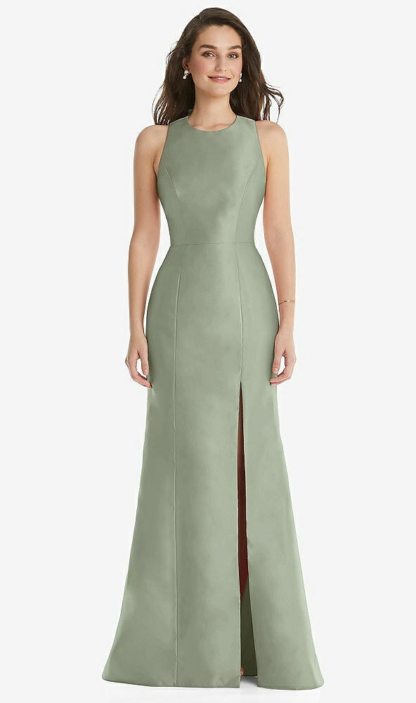 Front View - Sage Jewel Neck Bowed Open-Back Trumpet Dress with Front Slit