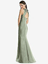 Rear View Thumbnail - Sage Jewel Neck Bowed Open-Back Trumpet Dress with Front Slit