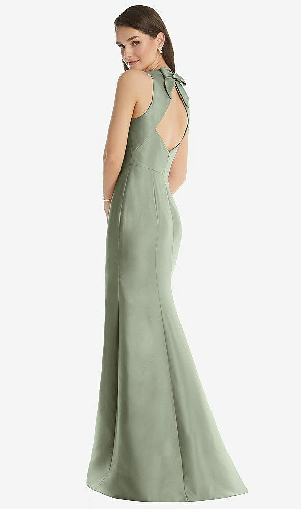 Back View - Sage Jewel Neck Bowed Open-Back Trumpet Dress with Front Slit