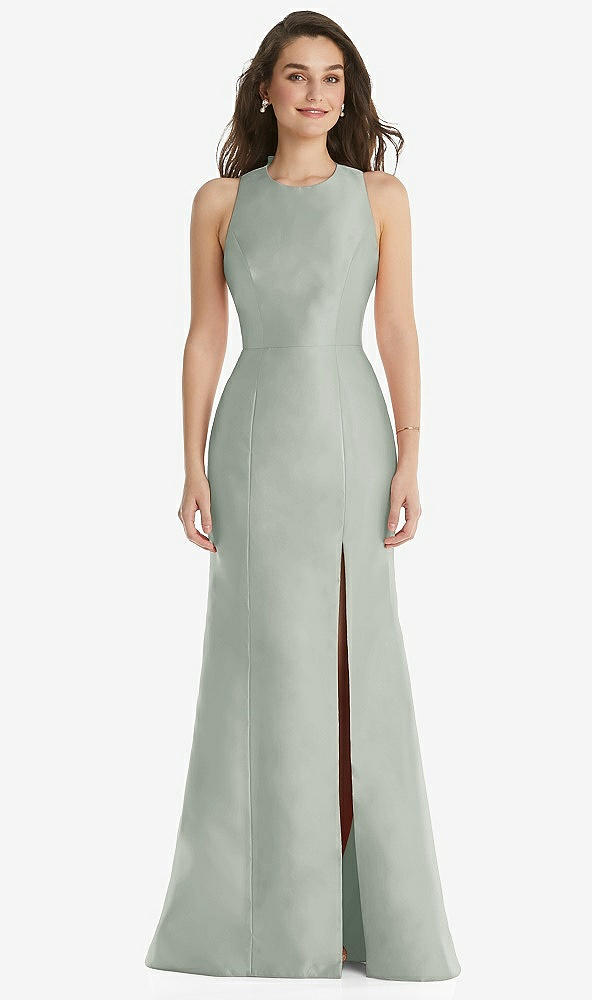 Front View - Willow Green Jewel Neck Bowed Open-Back Trumpet Dress with Front Slit