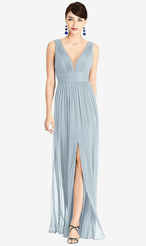 Front View - Mist & Light Nude Illusion Plunge Neck Shirred Maxi Dress