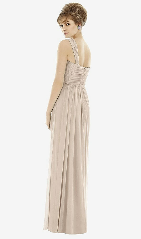 Back View - Nude Gray One-Shoulder Asymmetrical Draped Wrap Maxi Dress