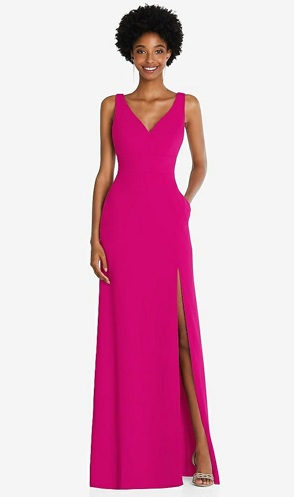 Front View - Think Pink Square Low-Back A-Line Dress with Front Slit and Pockets