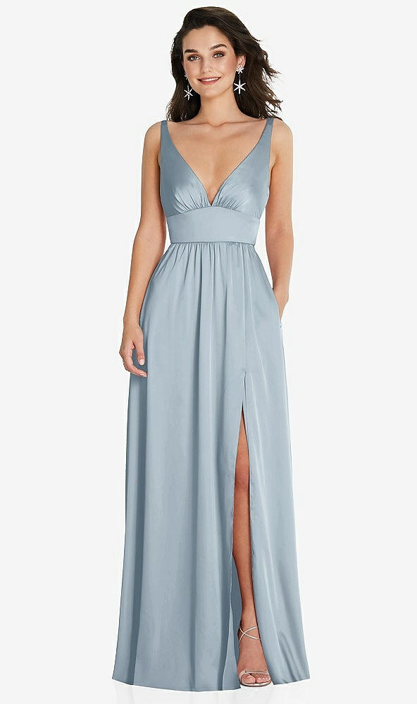 Front View - Mist Deep V-Neck Shirred Skirt Maxi Dress with Convertible Straps