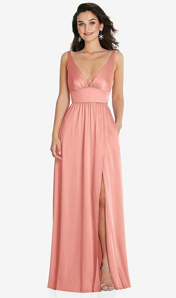 Front View - Rose - PANTONE Rose Quartz Deep V-Neck Shirred Skirt Maxi Dress with Convertible Straps