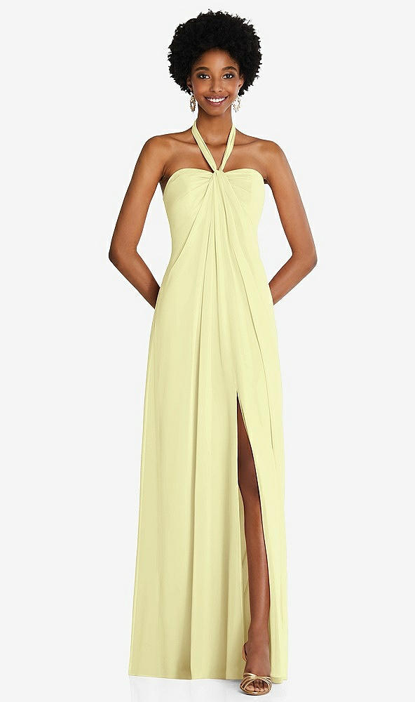 Front View - Butter Yellow Draped Chiffon Grecian Column Gown with Convertible Straps