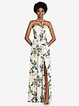 Front View Thumbnail - Palm Beach Print Draped Chiffon Grecian Column Gown with Convertible Straps