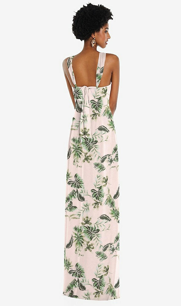 Back View - Palm Beach Print Draped Chiffon Grecian Column Gown with Convertible Straps