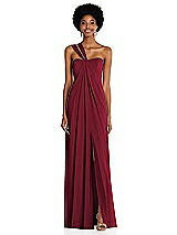 Alt View 1 Thumbnail - Burgundy Draped Chiffon Grecian Column Gown with Convertible Straps