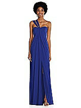 Alt View 1 Thumbnail - Cobalt Blue Draped Chiffon Grecian Column Gown with Convertible Straps