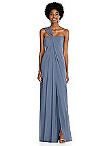 Alt View 1 Thumbnail - Larkspur Blue Draped Chiffon Grecian Column Gown with Convertible Straps