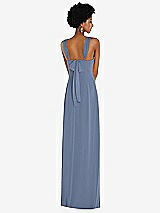 Rear View Thumbnail - Larkspur Blue Draped Chiffon Grecian Column Gown with Convertible Straps