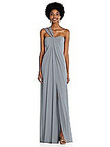 Alt View 1 Thumbnail - Platinum Draped Chiffon Grecian Column Gown with Convertible Straps