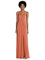 Alt View 1 Thumbnail - Terracotta Copper Draped Chiffon Grecian Column Gown with Convertible Straps