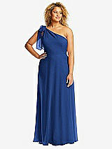 Front View Thumbnail - Classic Blue Draped One-Shoulder Maxi Dress with Scarf Bow