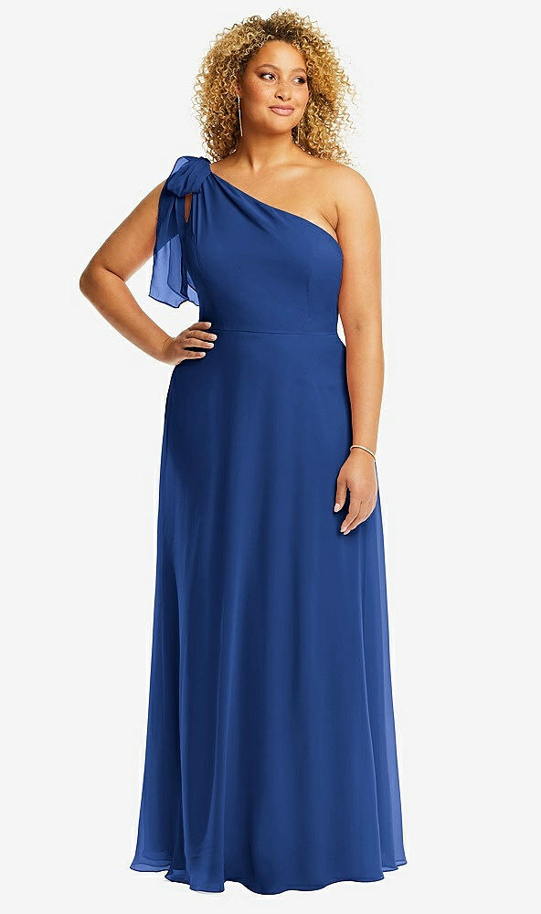 Front View - Classic Blue Draped One-Shoulder Maxi Dress with Scarf Bow