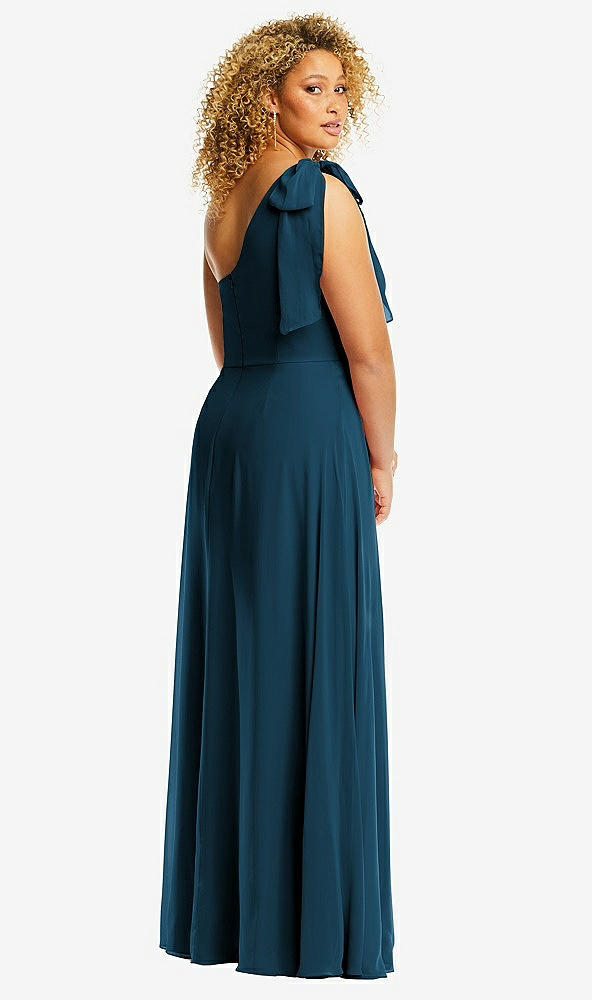 Back View - Atlantic Blue Draped One-Shoulder Maxi Dress with Scarf Bow